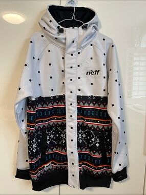 Neff White Hooded Jacket with Black Patterned Panel, Size L